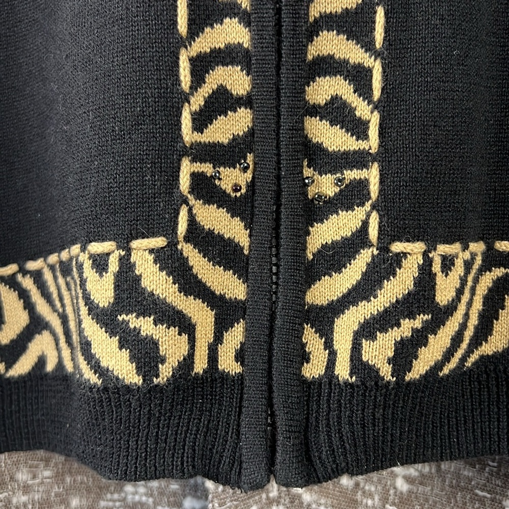 Alfred Dunner Top Sweater Cardigan Zip Up Black‎ Tan Animal Print L Long Sleeve - Picture 6 of 9